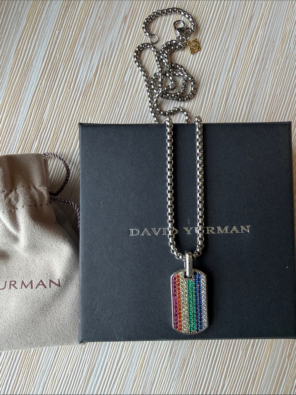 🌈 David Yurman Rainbow Pavé Dog Tag Necklace Box Chain Dust bag and boxes 🌈